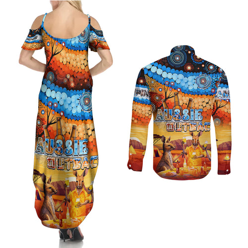 australia-kangaroo-aboriginal-camping-couples-matching-summer-maxi-dress-and-long-sleeve-button-shirt-aussie-outback-camping-with-beer