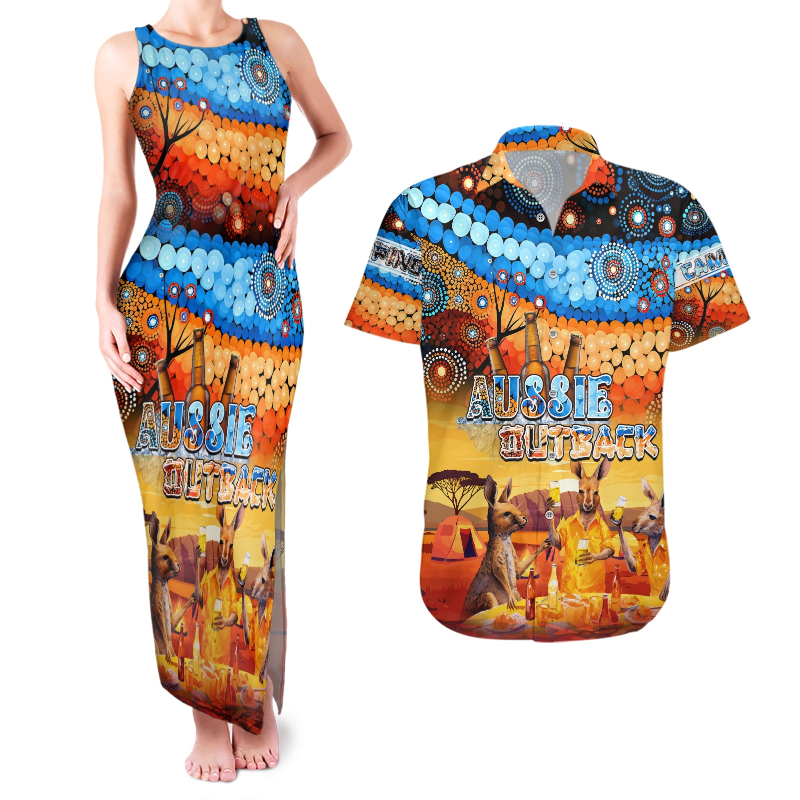 australia-kangaroo-aboriginal-camping-couples-matching-tank-maxi-dress-and-hawaiian-shirt-aussie-outback-camping-with-beer