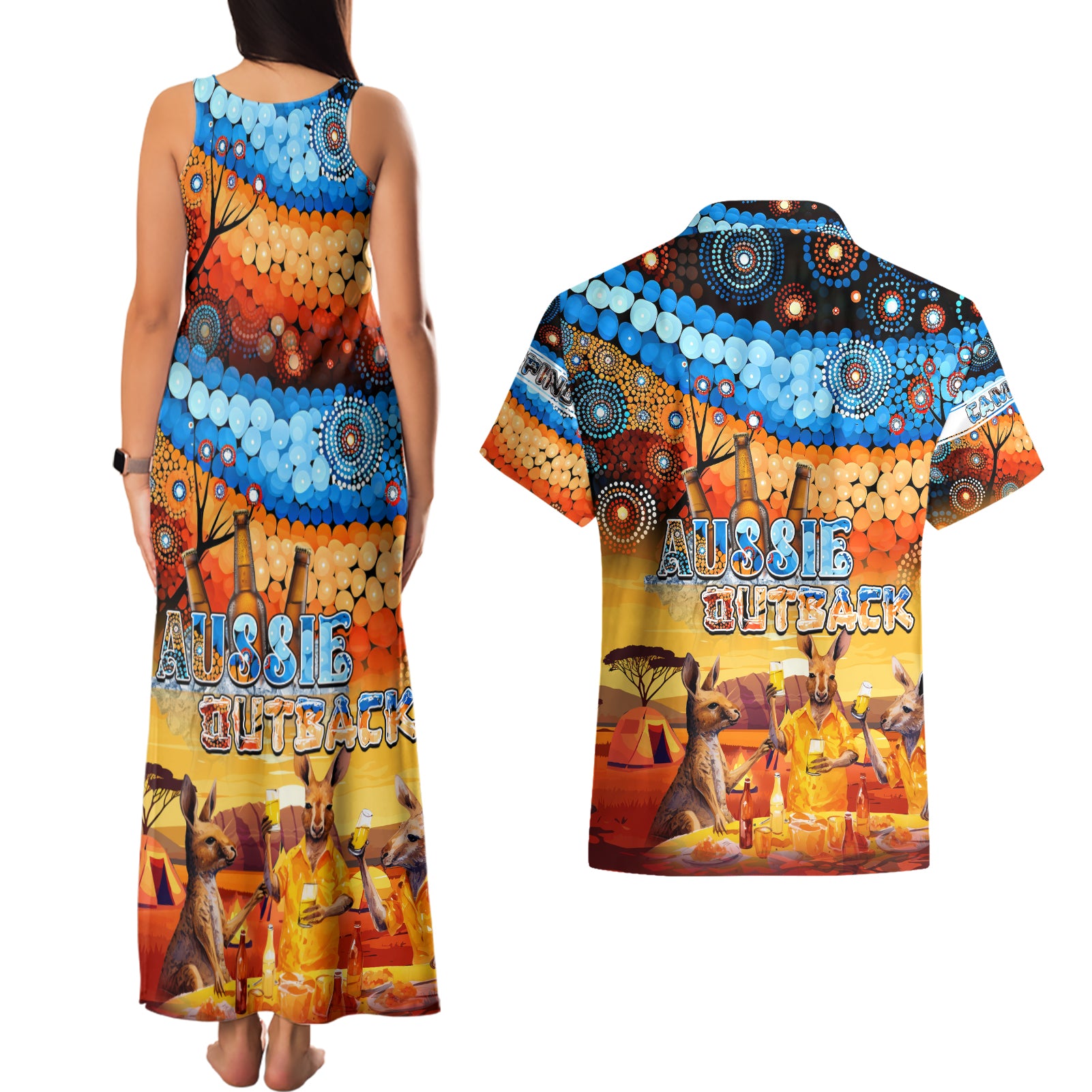 australia-kangaroo-aboriginal-camping-couples-matching-tank-maxi-dress-and-hawaiian-shirt-aussie-outback-camping-with-beer