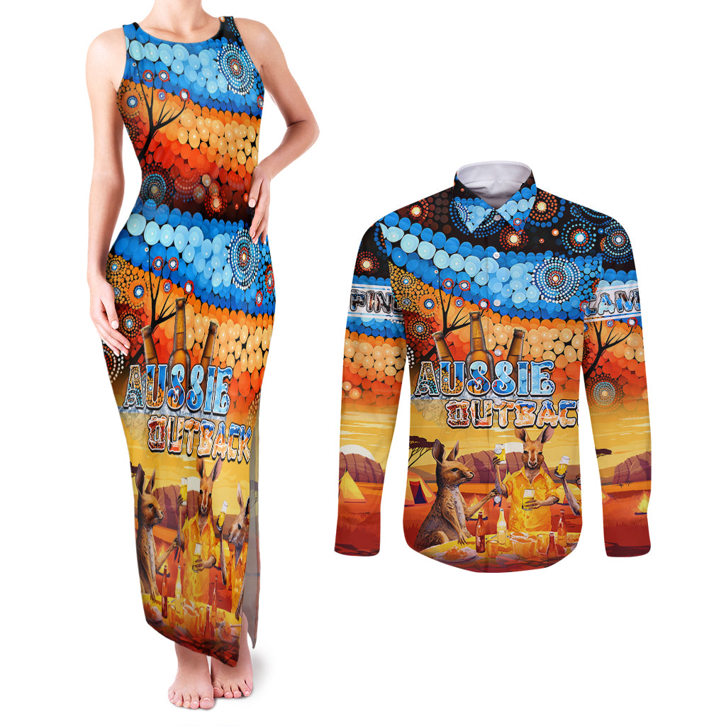 australia-kangaroo-aboriginal-camping-couples-matching-tank-maxi-dress-and-long-sleeve-button-shirt-aussie-outback-camping-with-beer
