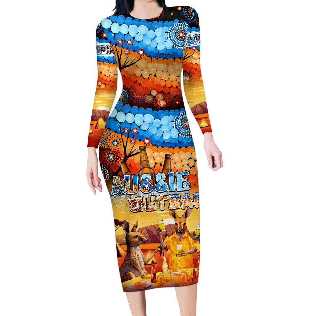 australia-kangaroo-aboriginal-camping-long-sleeve-bodycon-dress-aussie-outback-camping-with-beer