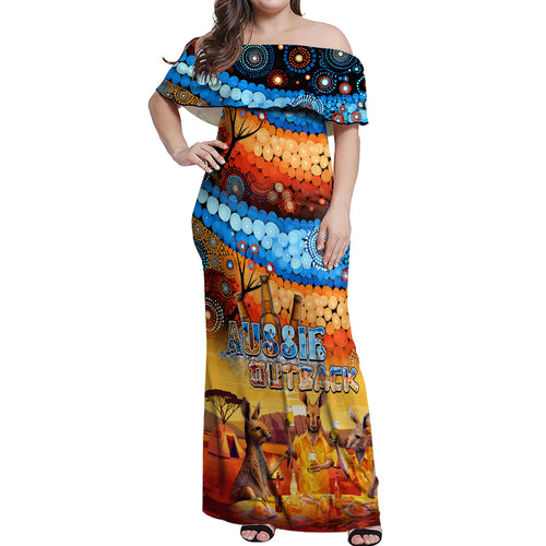 australia-kangaroo-aboriginal-camping-off-shoulder-maxi-dress-aussie-outback-camping-with-beer