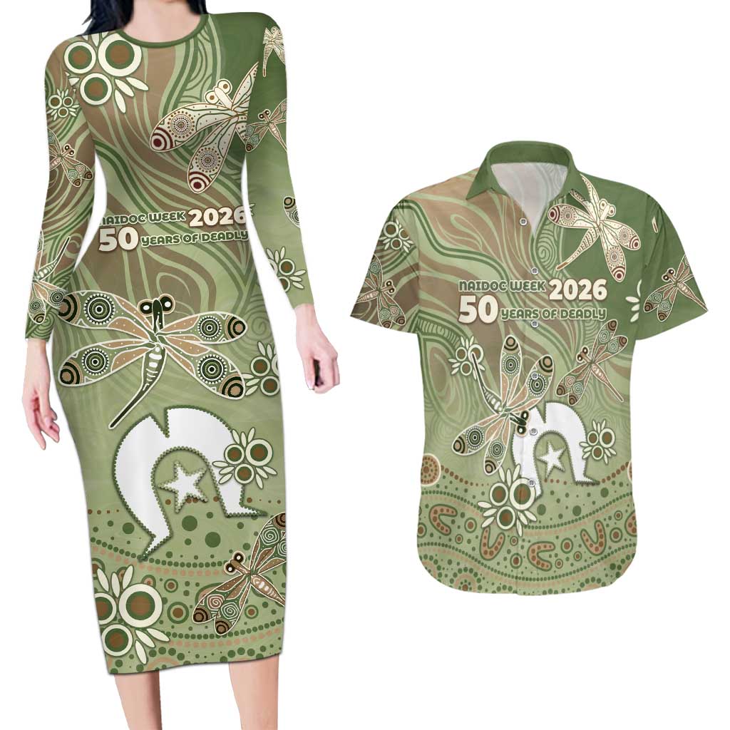 Personalised NAIDOC Week 2026 Couples Matching Long Sleeve Bodycon Dress and Hawaiian Shirt Dragonfly Australian Aboriginal Art