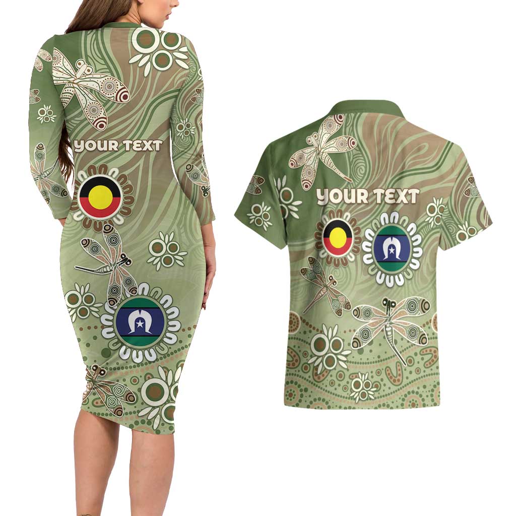 Personalised NAIDOC Week 2026 Couples Matching Long Sleeve Bodycon Dress and Hawaiian Shirt Dragonfly Australian Aboriginal Art