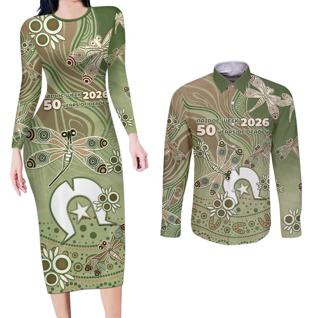 Personalised NAIDOC Week 2026 Couples Matching Long Sleeve Bodycon Dress and Long Sleeve Button Shirt Dragonfly Australian Aboriginal Art