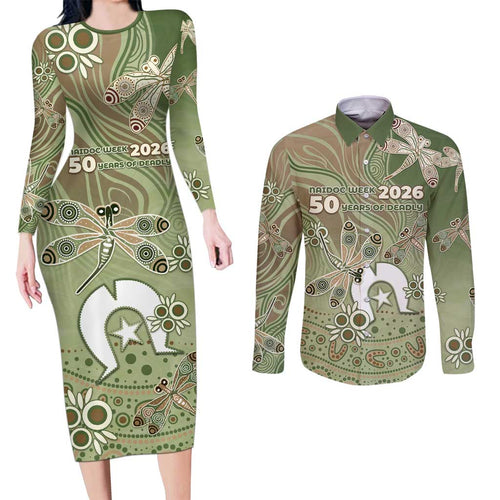 Personalised NAIDOC Week 2026 Couples Matching Long Sleeve Bodycon Dress and Long Sleeve Button Shirt Dragonfly Australian Aboriginal Art