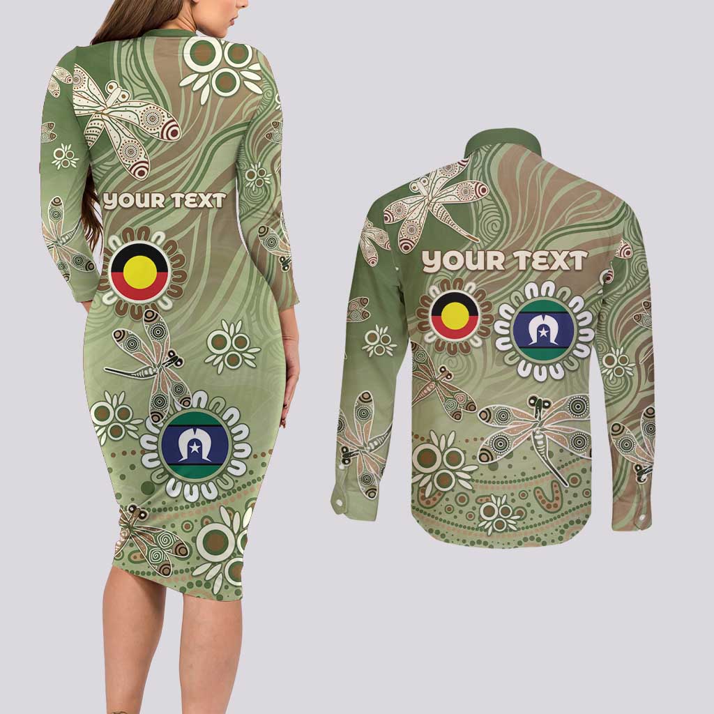 Personalised NAIDOC Week 2026 Couples Matching Long Sleeve Bodycon Dress and Long Sleeve Button Shirt Dragonfly Australian Aboriginal Art