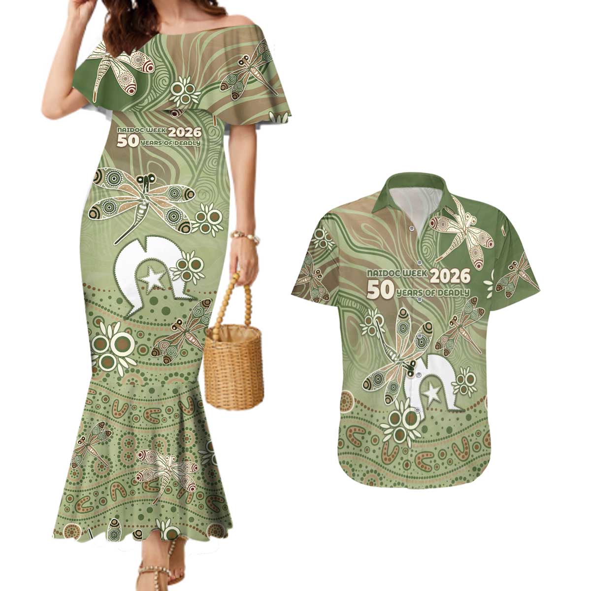 Personalised NAIDOC Week 2026 Couples Matching Mermaid Dress and Hawaiian Shirt Dragonfly Australian Aboriginal Art