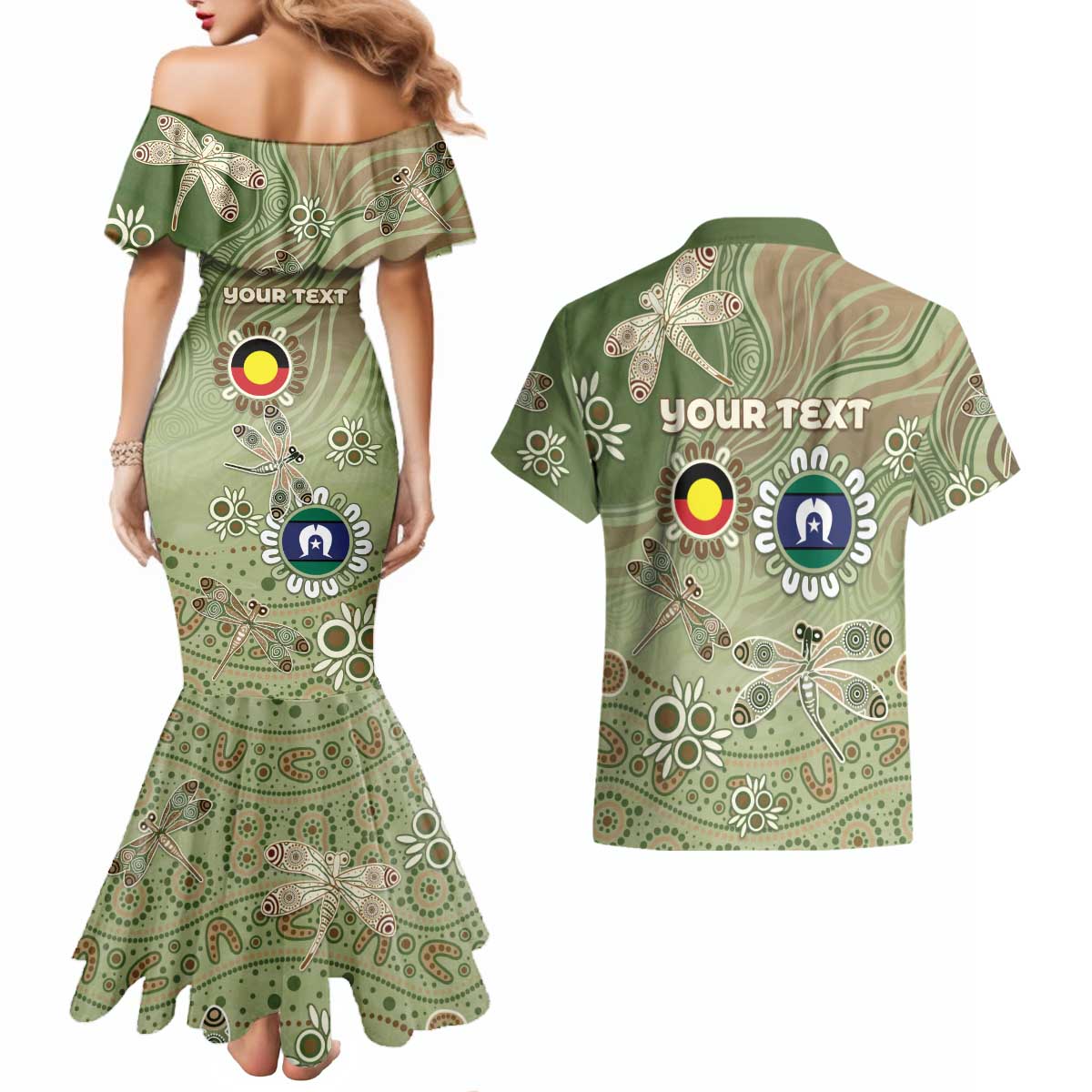 Personalised NAIDOC Week 2026 Couples Matching Mermaid Dress and Hawaiian Shirt Dragonfly Australian Aboriginal Art