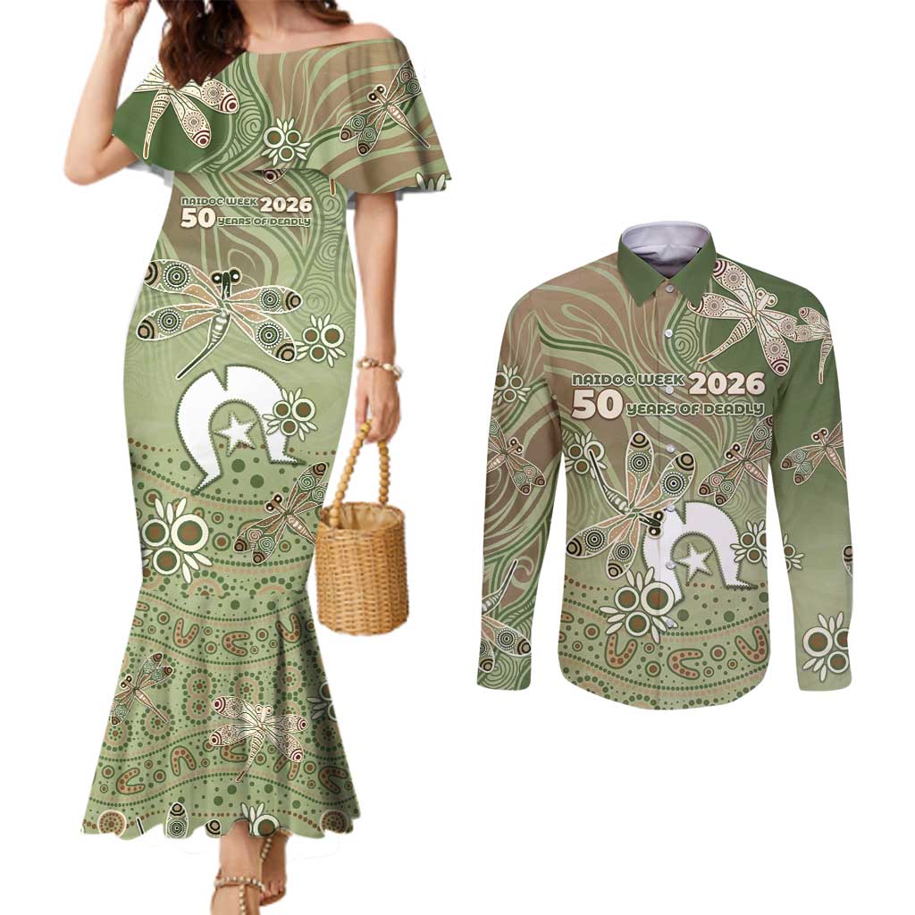 Personalised NAIDOC Week 2026 Couples Matching Mermaid Dress and Long Sleeve Button Shirt Dragonfly Australian Aboriginal Art