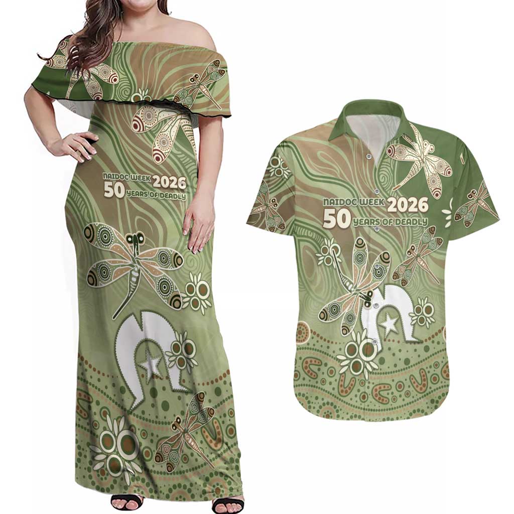 Personalised NAIDOC Week 2026 Couples Matching Off Shoulder Maxi Dress and Hawaiian Shirt Dragonfly Australian Aboriginal Art