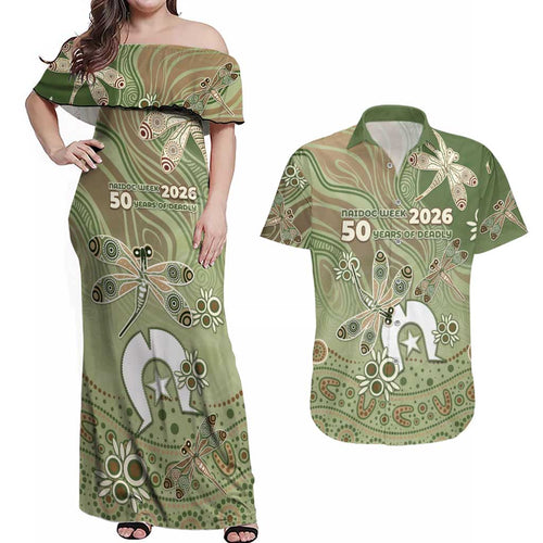 Personalised NAIDOC Week 2026 Couples Matching Off Shoulder Maxi Dress and Hawaiian Shirt Dragonfly Australian Aboriginal Art