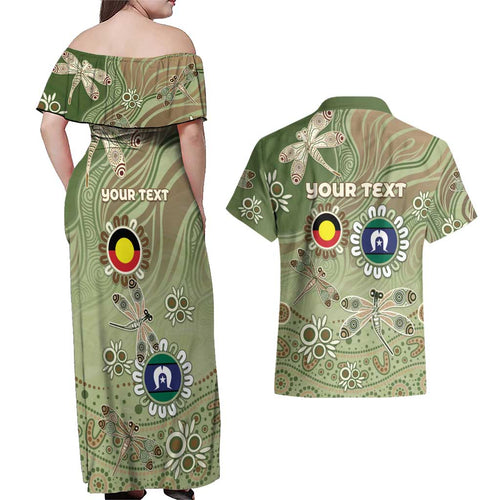 Personalised NAIDOC Week 2026 Couples Matching Off Shoulder Maxi Dress and Hawaiian Shirt Dragonfly Australian Aboriginal Art