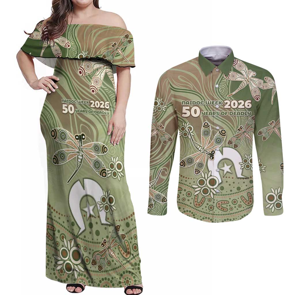 Personalised NAIDOC Week 2026 Couples Matching Off Shoulder Maxi Dress and Long Sleeve Button Shirt Dragonfly Australian Aboriginal Art