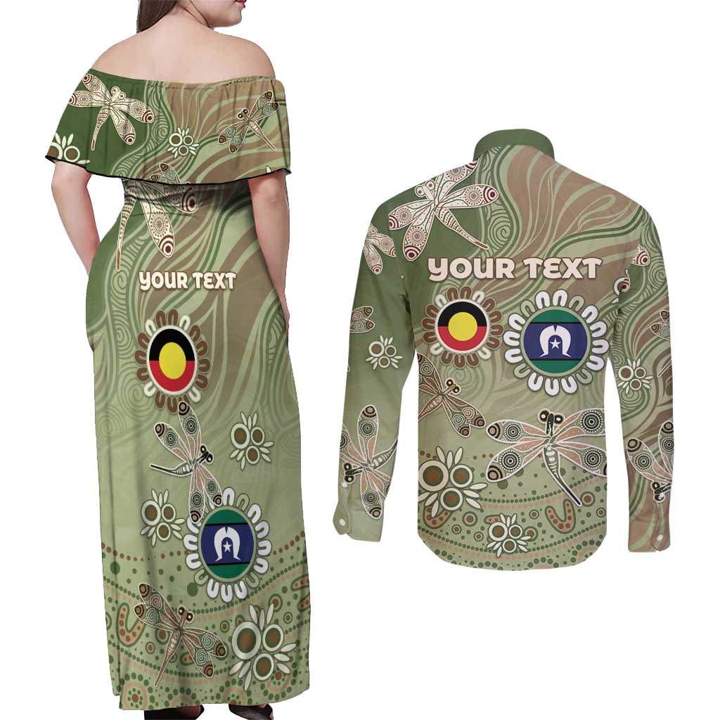 Personalised NAIDOC Week 2026 Couples Matching Off Shoulder Maxi Dress and Long Sleeve Button Shirt Dragonfly Australian Aboriginal Art