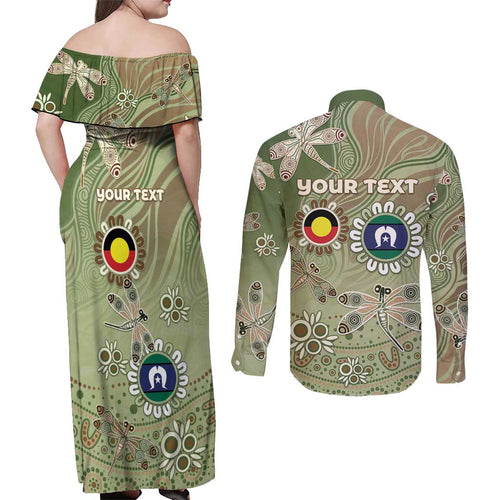 Personalised NAIDOC Week 2026 Couples Matching Off Shoulder Maxi Dress and Long Sleeve Button Shirt Dragonfly Australian Aboriginal Art