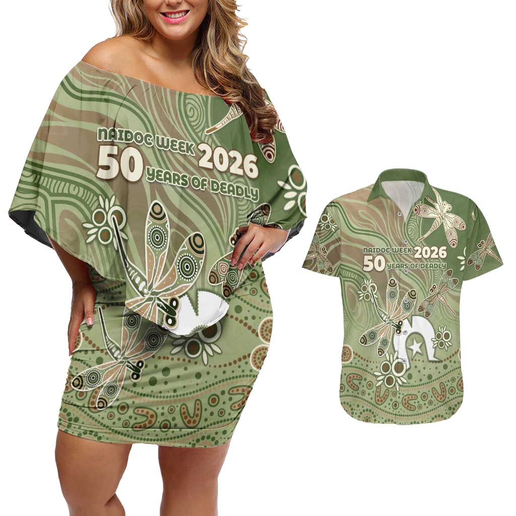 Personalised NAIDOC Week 2026 Couples Matching Off Shoulder Short Dress and Hawaiian Shirt Dragonfly Australian Aboriginal Art