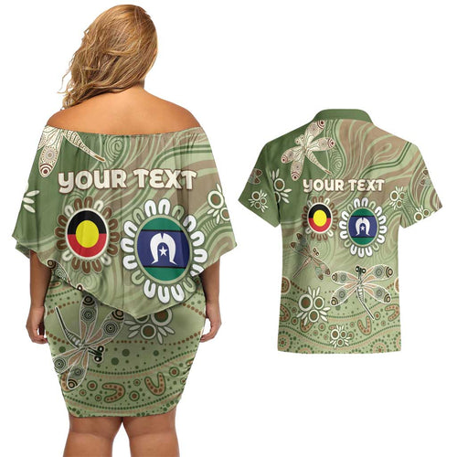 Personalised NAIDOC Week 2026 Couples Matching Off Shoulder Short Dress and Hawaiian Shirt Dragonfly Australian Aboriginal Art