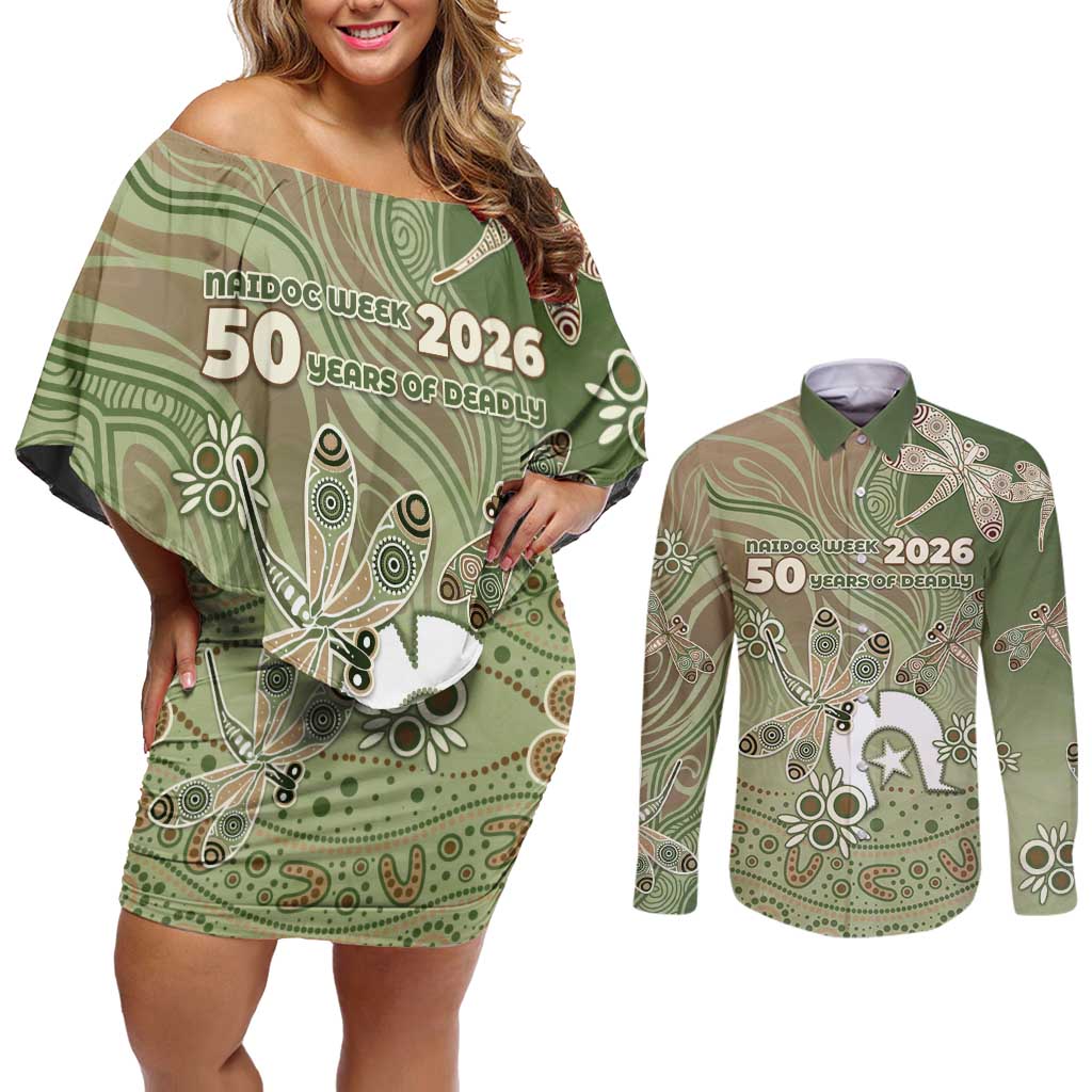 Personalised NAIDOC Week 2026 Couples Matching Off Shoulder Short Dress and Long Sleeve Button Shirt Dragonfly Australian Aboriginal Art
