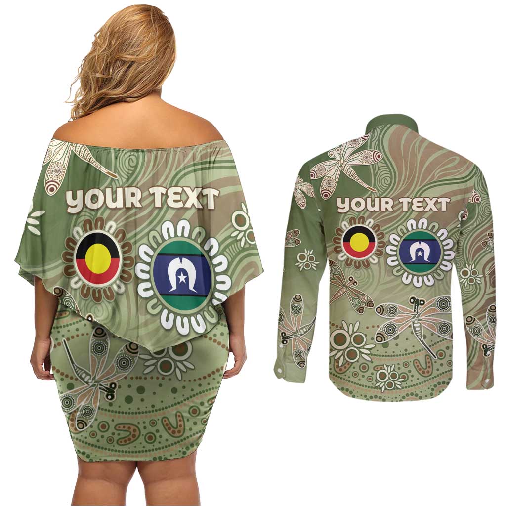 Personalised NAIDOC Week 2026 Couples Matching Off Shoulder Short Dress and Long Sleeve Button Shirt Dragonfly Australian Aboriginal Art