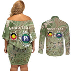 Personalised NAIDOC Week 2026 Couples Matching Off Shoulder Short Dress and Long Sleeve Button Shirt Dragonfly Australian Aboriginal Art