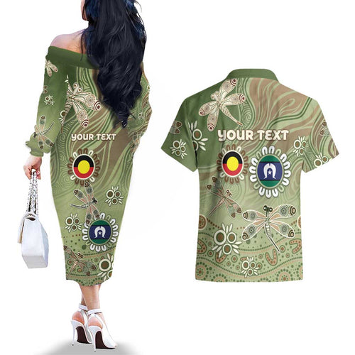 Personalised NAIDOC Week 2026 Couples Matching Off The Shoulder Long Sleeve Dress and Hawaiian Shirt Dragonfly Australian Aboriginal Art