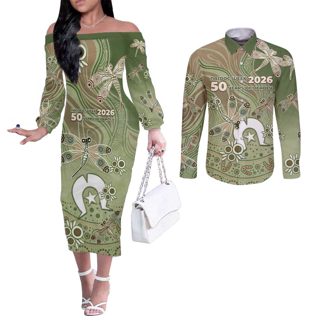 Personalised NAIDOC Week 2026 Couples Matching Off The Shoulder Long Sleeve Dress and Long Sleeve Button Shirt Dragonfly Australian Aboriginal Art
