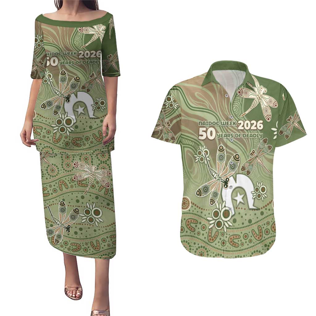 Personalised NAIDOC Week 2026 Couples Matching Puletasi and Hawaiian Shirt Dragonfly Australian Aboriginal Art