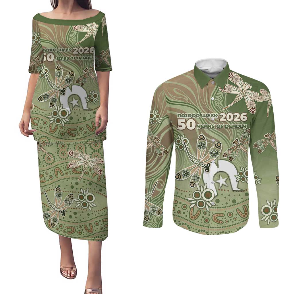 Personalised NAIDOC Week 2026 Couples Matching Puletasi and Long Sleeve Button Shirt Dragonfly Australian Aboriginal Art