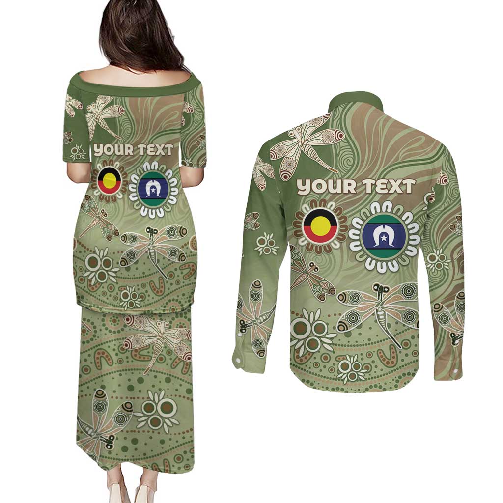 Personalised NAIDOC Week 2026 Couples Matching Puletasi and Long Sleeve Button Shirt Dragonfly Australian Aboriginal Art