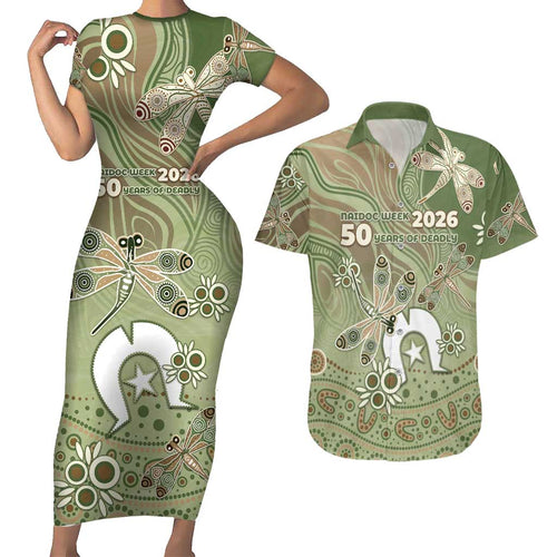 Personalised NAIDOC Week 2026 Couples Matching Short Sleeve Bodycon Dress and Hawaiian Shirt Dragonfly Australian Aboriginal Art
