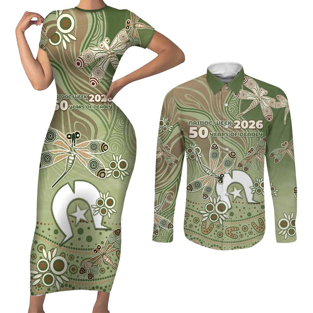 Personalised NAIDOC Week 2026 Couples Matching Short Sleeve Bodycon Dress and Long Sleeve Button Shirt Dragonfly Australian Aboriginal Art