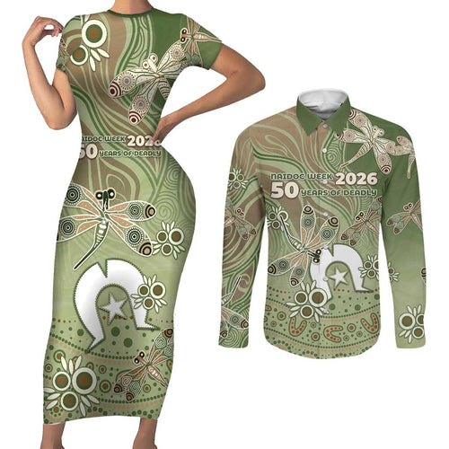 Personalised NAIDOC Week 2026 Couples Matching Short Sleeve Bodycon Dress and Long Sleeve Button Shirt Dragonfly Australian Aboriginal Art