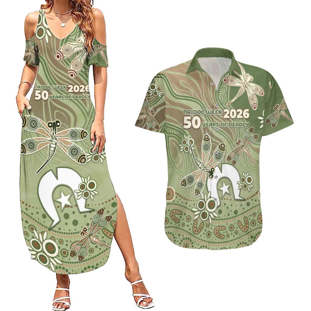 Personalised NAIDOC Week 2026 Couples Matching Summer Maxi Dress and Hawaiian Shirt Dragonfly Australian Aboriginal Art