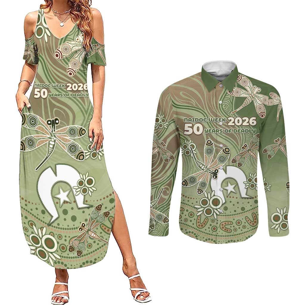 Personalised NAIDOC Week 2026 Couples Matching Summer Maxi Dress and Long Sleeve Button Shirt Dragonfly Australian Aboriginal Art