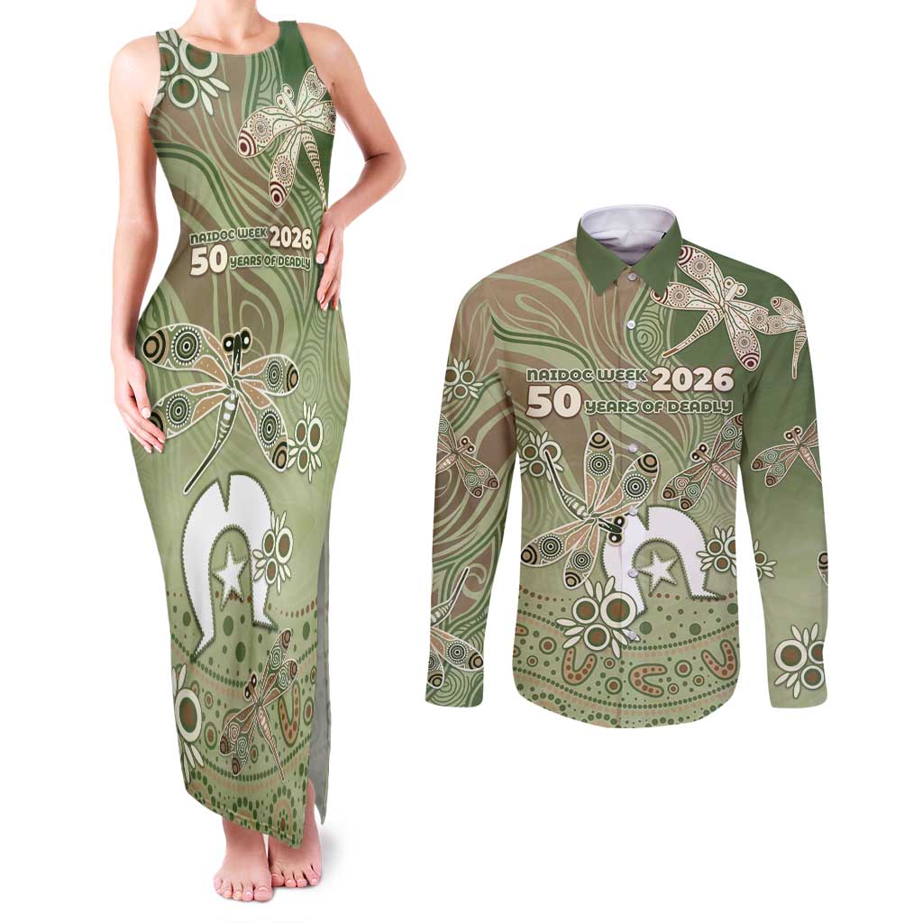 Personalised NAIDOC Week 2026 Couples Matching Tank Maxi Dress and Long Sleeve Button Shirt Dragonfly Australian Aboriginal Art