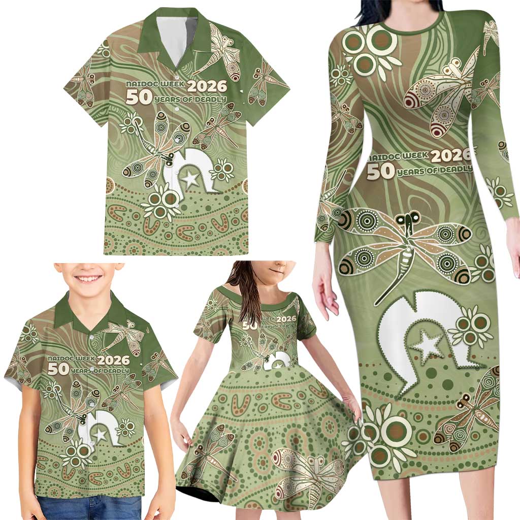 Personalised NAIDOC Week 2026 Family Matching Long Sleeve Bodycon Dress and Hawaiian Shirt Dragonfly Australian Aboriginal Art
