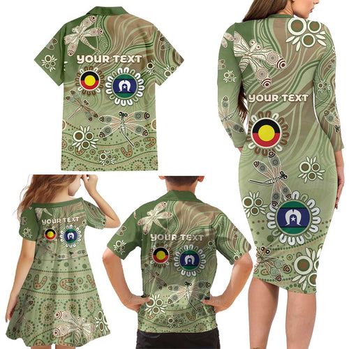 Personalised NAIDOC Week 2026 Family Matching Long Sleeve Bodycon Dress and Hawaiian Shirt Dragonfly Australian Aboriginal Art
