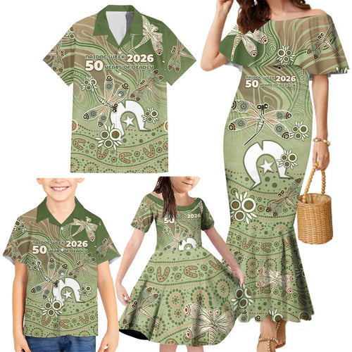 Personalised NAIDOC Week 2026 Family Matching Mermaid Dress and Hawaiian Shirt Dragonfly Australian Aboriginal Art