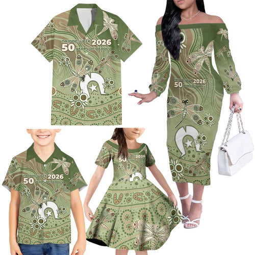Personalised NAIDOC Week 2026 Family Matching Off The Shoulder Long Sleeve Dress and Hawaiian Shirt Dragonfly Australian Aboriginal Art
