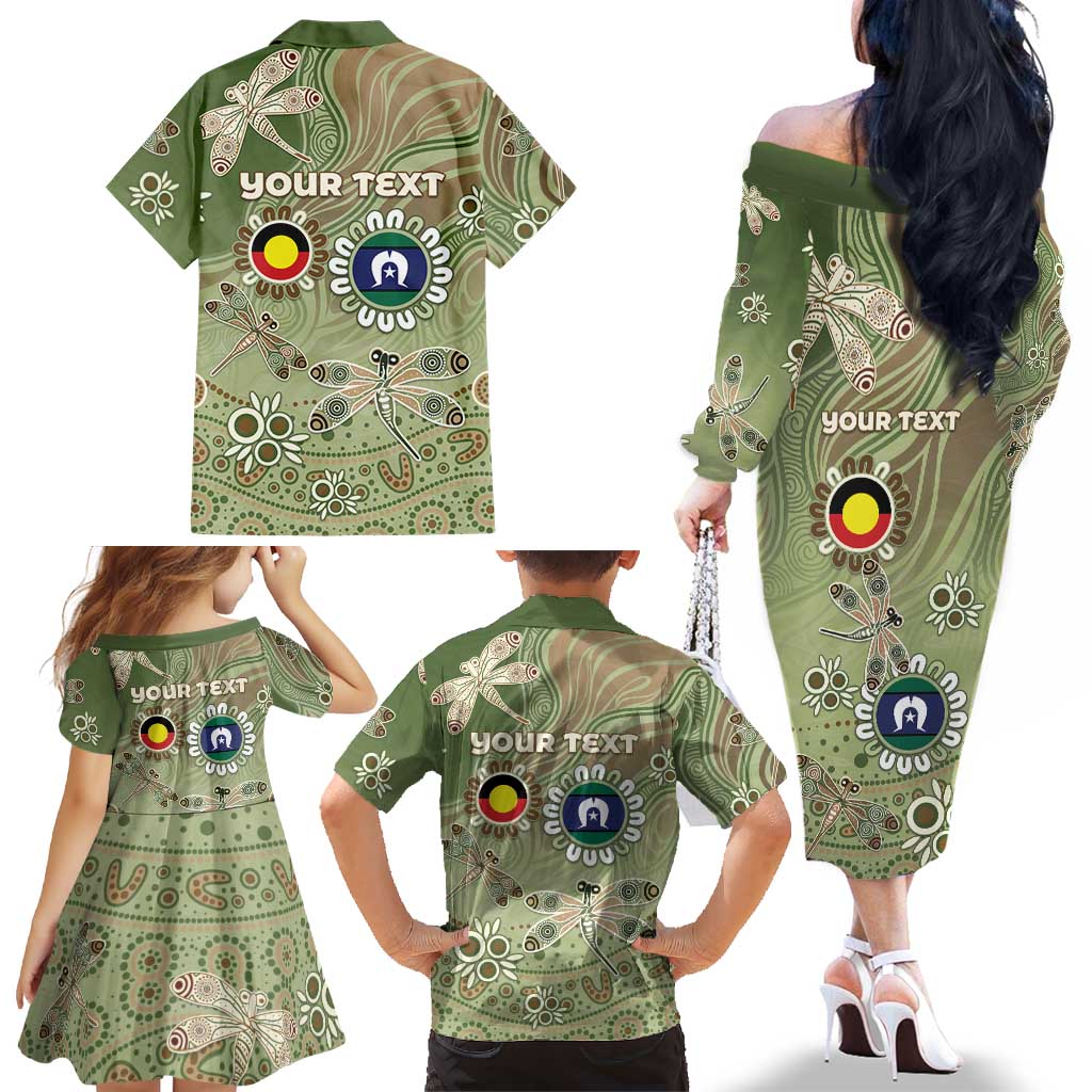 Personalised NAIDOC Week 2026 Family Matching Off The Shoulder Long Sleeve Dress and Hawaiian Shirt Dragonfly Australian Aboriginal Art