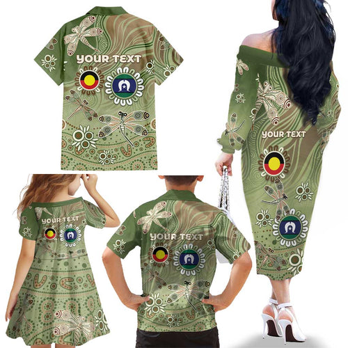Personalised NAIDOC Week 2026 Family Matching Off The Shoulder Long Sleeve Dress and Hawaiian Shirt Dragonfly Australian Aboriginal Art