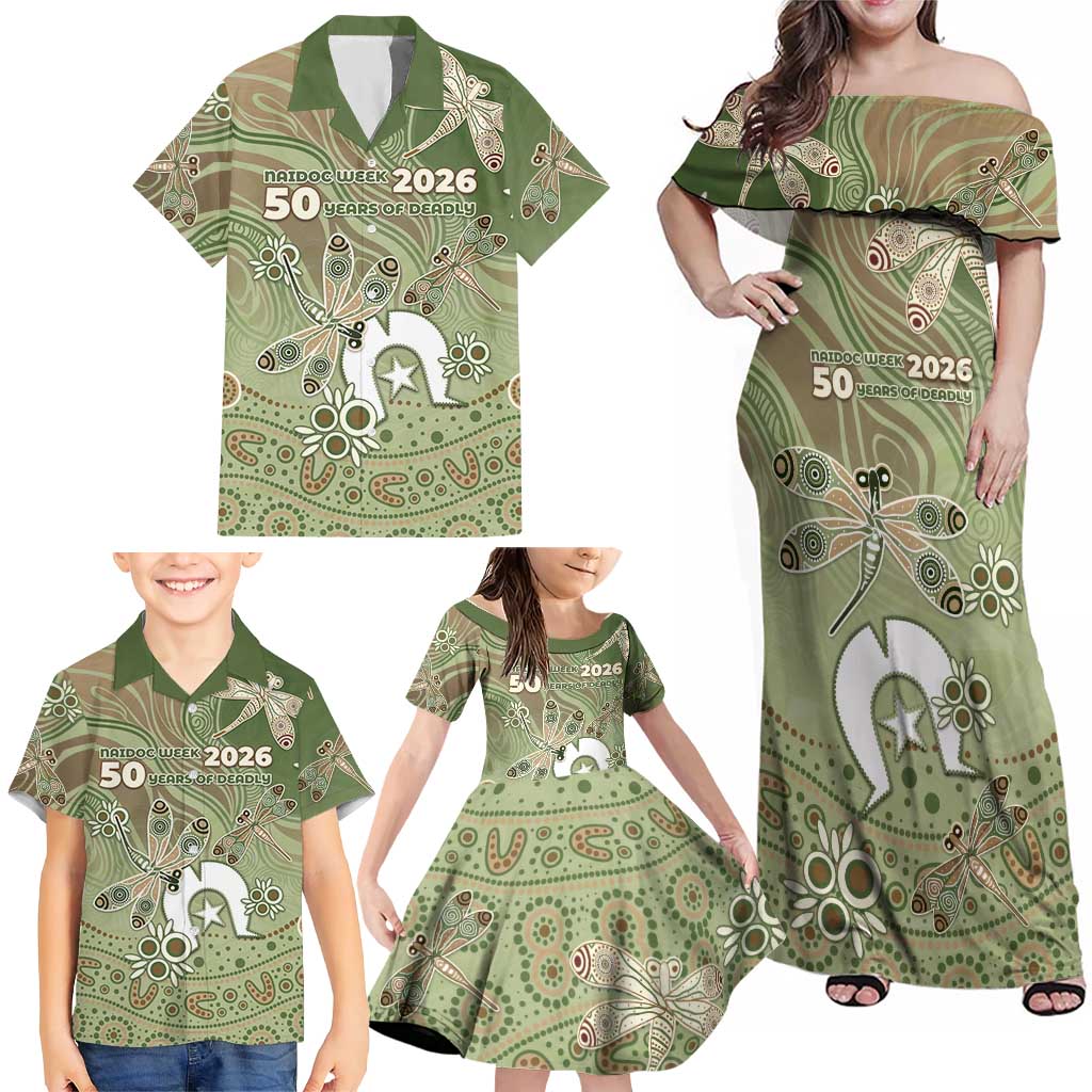 Personalised NAIDOC Week 2026 Family Matching Off Shoulder Maxi Dress and Hawaiian Shirt Dragonfly Australian Aboriginal Art