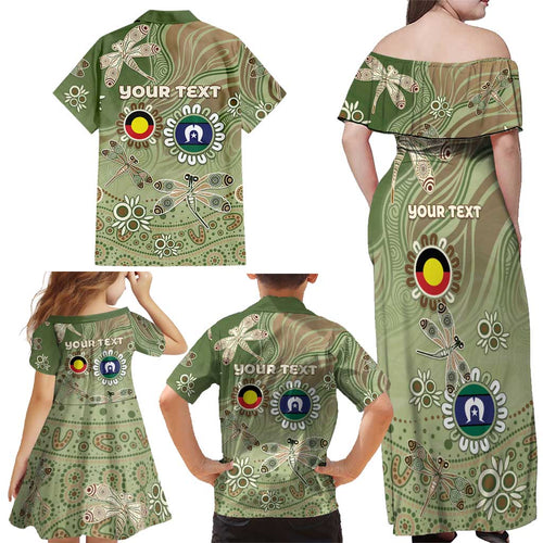 Personalised NAIDOC Week 2026 Family Matching Off Shoulder Maxi Dress and Hawaiian Shirt Dragonfly Australian Aboriginal Art