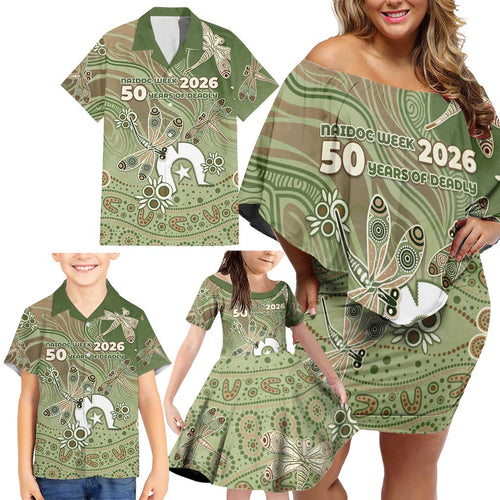 Personalised NAIDOC Week 2026 Family Matching Off Shoulder Short Dress and Hawaiian Shirt Dragonfly Australian Aboriginal Art