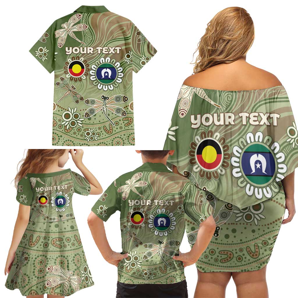 Personalised NAIDOC Week 2026 Family Matching Off Shoulder Short Dress and Hawaiian Shirt Dragonfly Australian Aboriginal Art