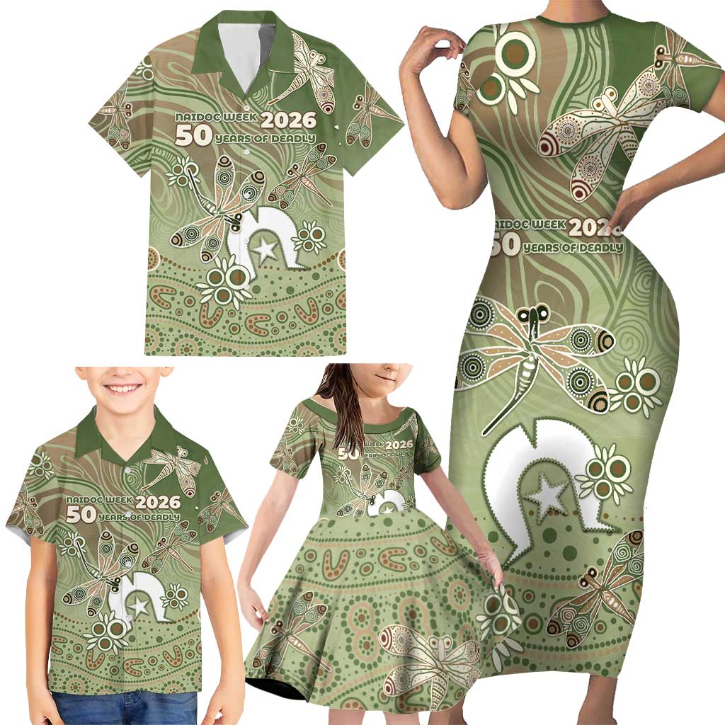 Personalised NAIDOC Week 2026 Family Matching Short Sleeve Bodycon Dress and Hawaiian Shirt Dragonfly Australian Aboriginal Art