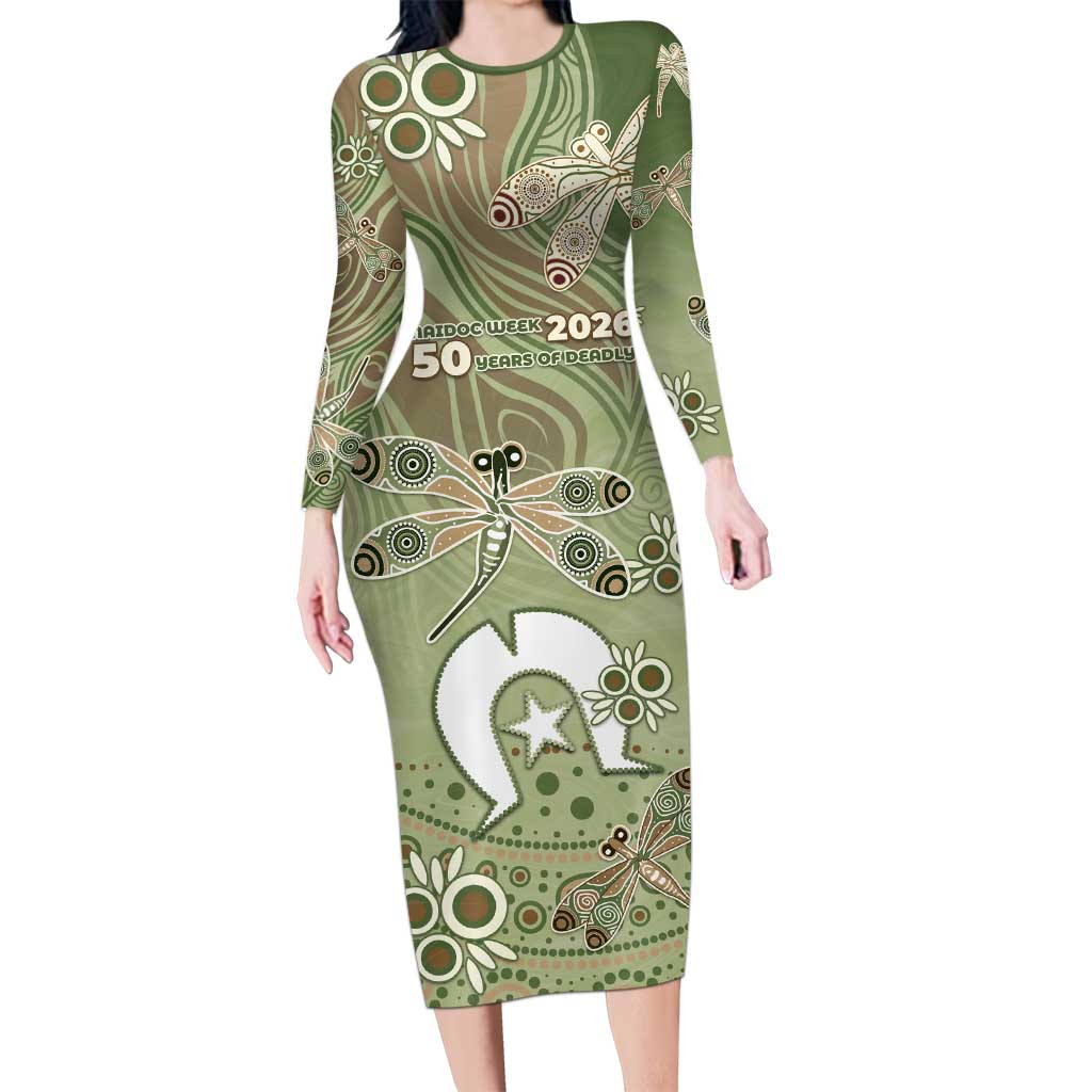 Personalised NAIDOC Week 2026 Long Sleeve Bodycon Dress Dragonfly Australian Aboriginal Art