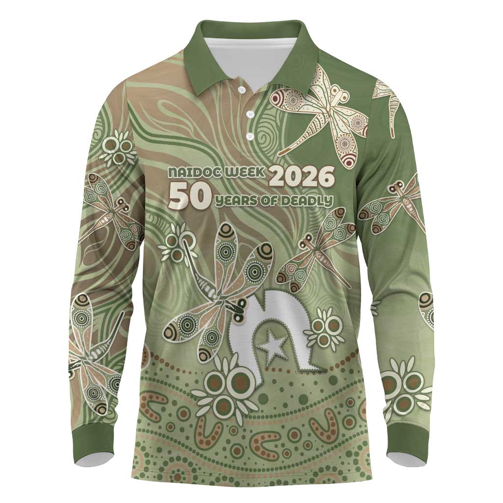 Personalised NAIDOC Week 2026 Long Sleeve Polo Shirt Dragonfly Australian Aboriginal Art