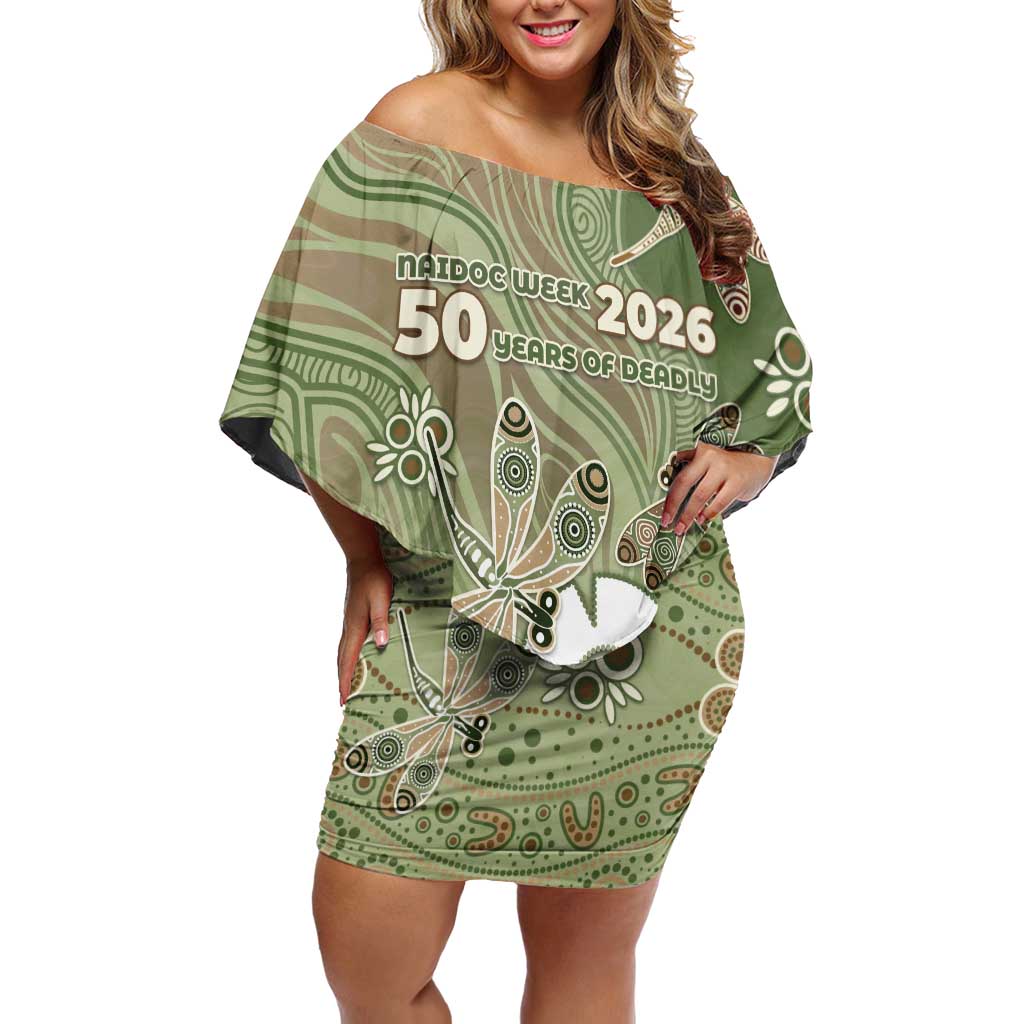 Personalised NAIDOC Week 2026 Off Shoulder Short Dress Dragonfly Australian Aboriginal Art